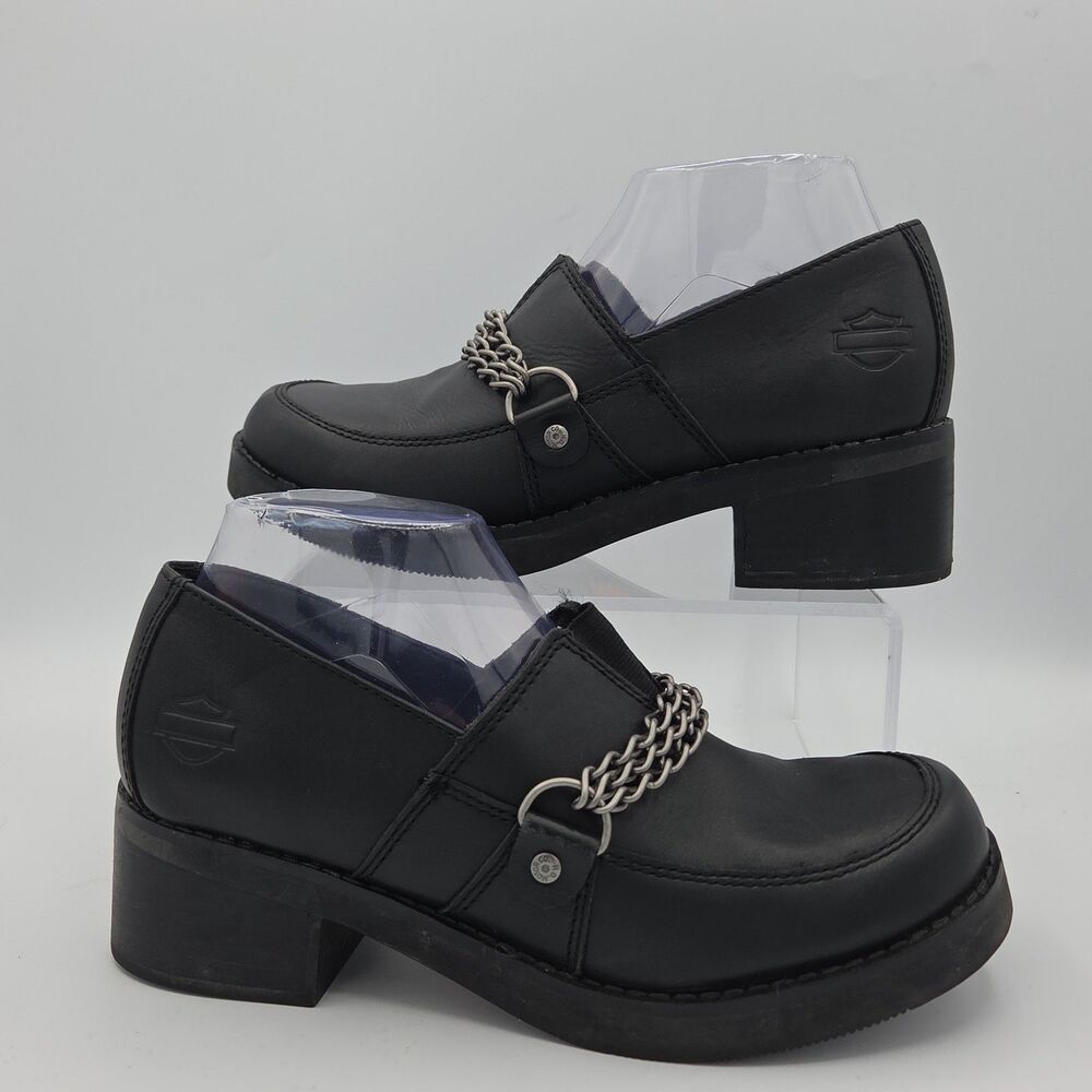 Harley Davidson Womens 8.5 Black Leather Chain Chunky Heel Slip On Clogs Loafers